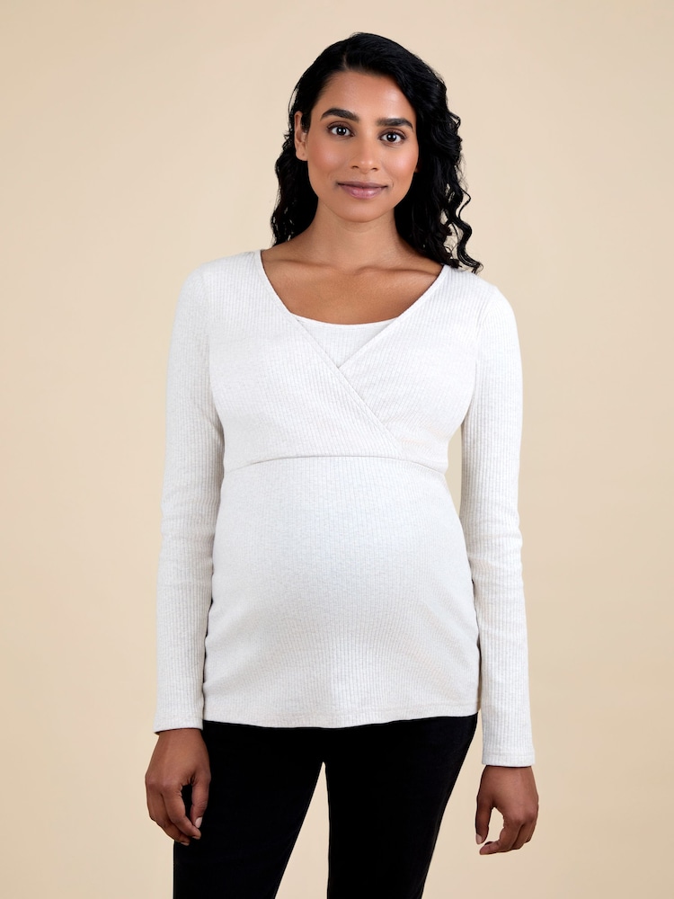 JoJo Maman Bébé Natural Wrap Maternity & Nursing Long Sleeve Ribbed Top - Image 1 of 6 JoJo Maman Bébé Natural Wrap Maternity & Nursing Long Sleeve Ribbed Top - Image 1 of 6