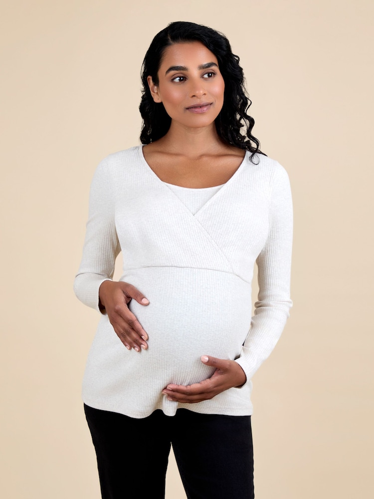 JoJo Maman Bébé Natural Wrap Maternity & Nursing Long Sleeve Ribbed Top - Image 2 of 6 JoJo Maman Bébé Natural Wrap Maternity & Nursing Long Sleeve Ribbed Top - Image 2 of 6