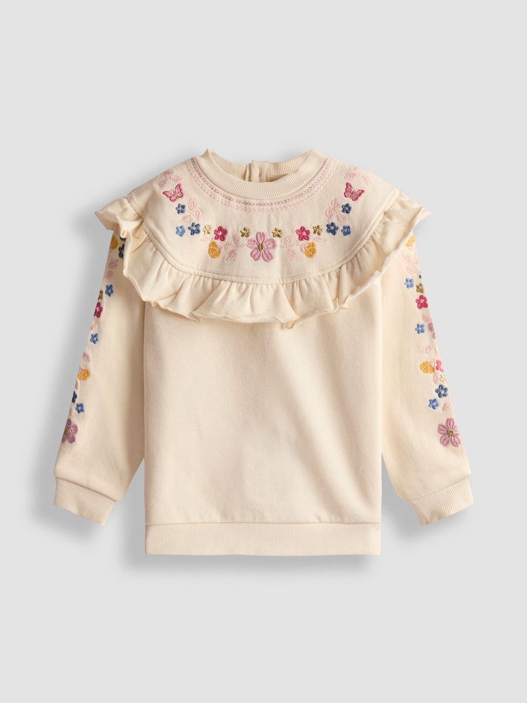 JoJo Maman Bébé Cream Embroidered Frill Knitted Dress - Image 1 of 3