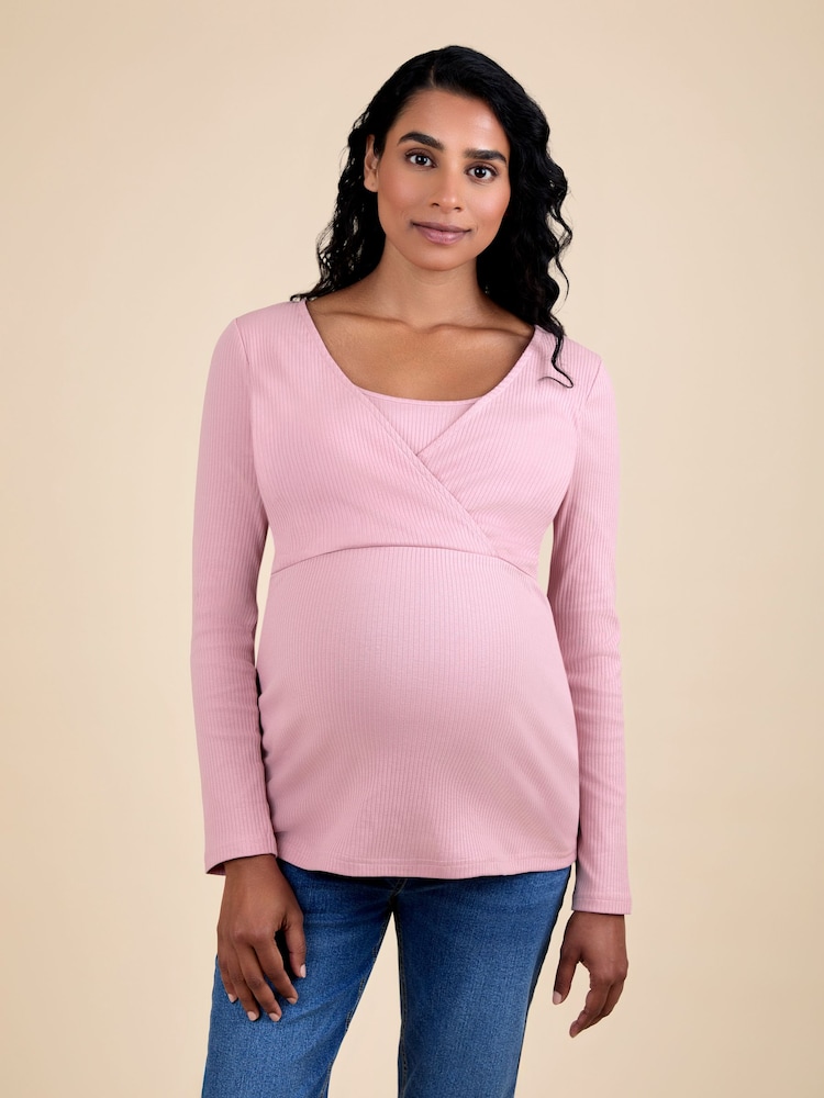 JoJo Maman Bébé Pink Wrap Maternity & Nursing Long Sleeve Ribbed Top - Image 1 of 5 JoJo Maman Bébé Pink Wrap Maternity & Nursing Long Sleeve Ribbed Top - Image 1 of 5