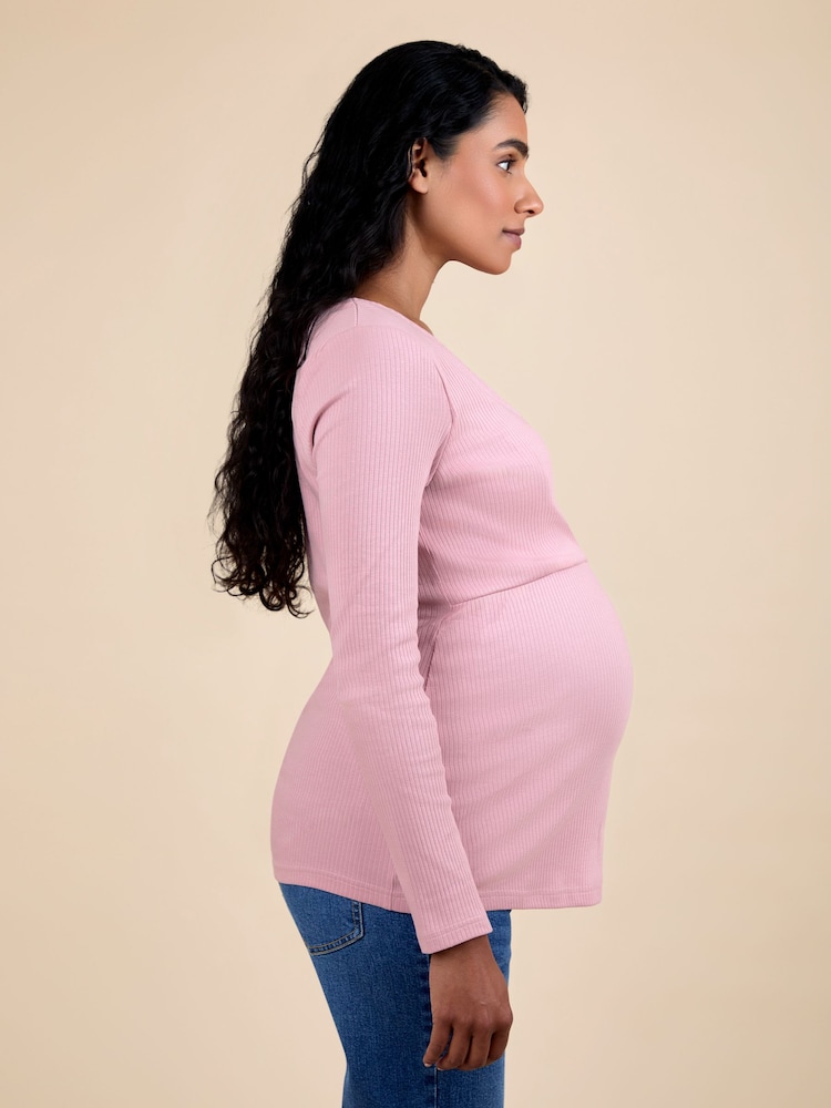 JoJo Maman Bébé Pink Wrap Maternity & Nursing Long Sleeve Ribbed Top - Image 2 of 5 JoJo Maman Bébé Pink Wrap Maternity & Nursing Long Sleeve Ribbed Top - Image 2 of 5