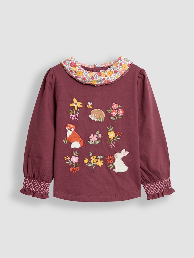 JoJo Maman Bébé Purple Woodland Appliqué Ditsy Collar Top - Image 1 of 4 JoJo Maman Bébé Purple Woodland Appliqué Ditsy Collar Top - Image 1 of 4