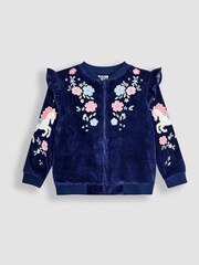 JoJo Maman Bébé Blue Embroidered Frill Velour Jacket - Image 1 of 4