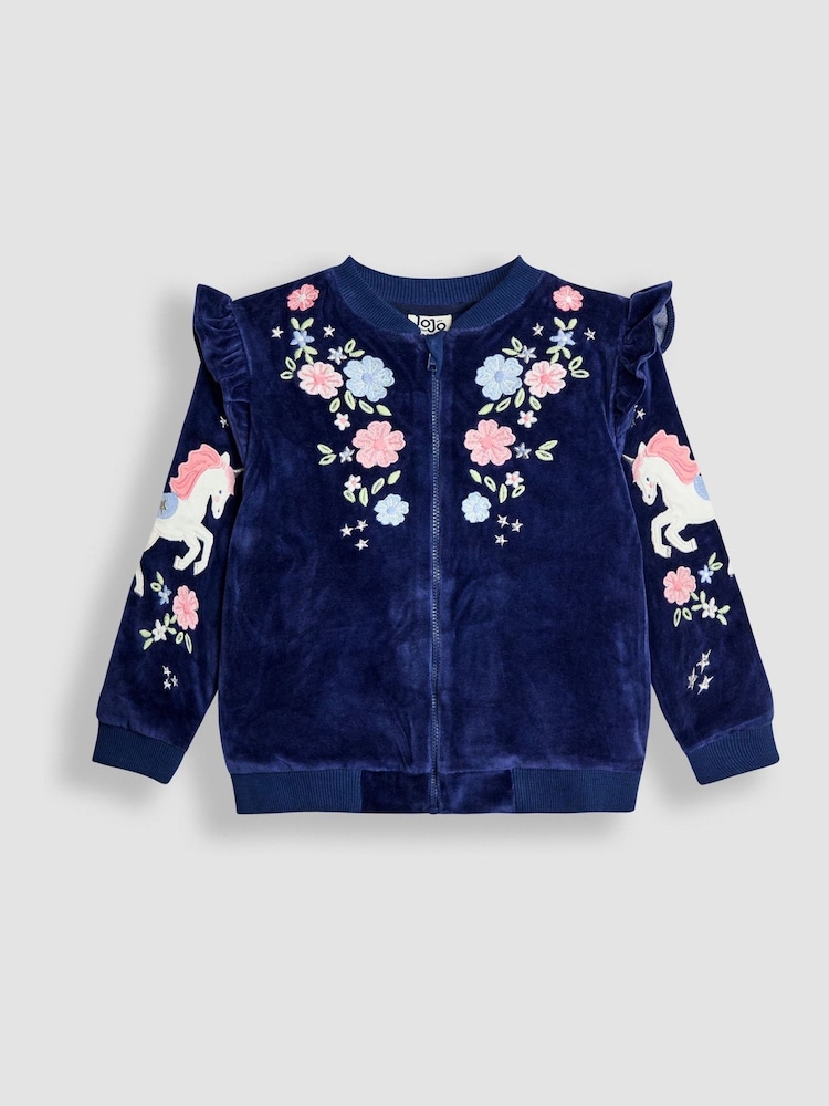 JoJo Maman Bébé Blue Embroidered Frill Velour Jacket - Image 1 of 4 JoJo Maman Bébé Blue Embroidered Frill Velour Jacket - Image 1 of 4
