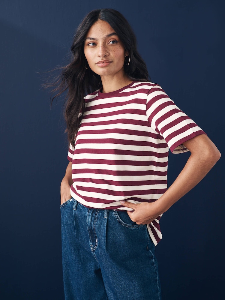 Berry/Ecru Stripe Heavyweight Short Sleeve Crew Neck T-Shirt - Image 1 of 7