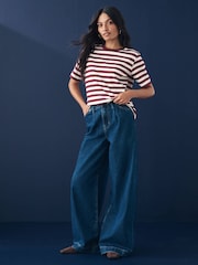 Berry/Ecru Stripe Heavyweight Short Sleeve Crew Neck T-Shirt - Image 2 of 7