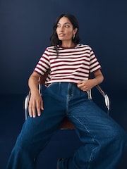 Berry/Ecru Stripe Heavyweight Short Sleeve Crew Neck T-Shirt - Image 3 of 7