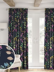 Navy Blue/Pink Isla Floral Faux Silk Made to Measure Curtains - Image 1 of 9
