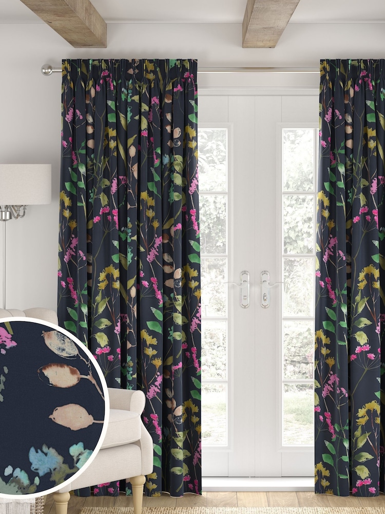 Navy Blue/Pink Isla Floral Faux Silk Made to Measure Curtains - Image 1 of 9