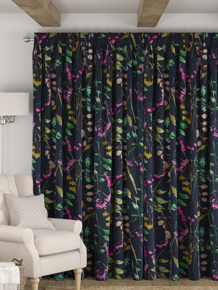 Navy Blue/Pink Isla Floral Faux Silk Made to Measure Curtains - Image 2 of 9