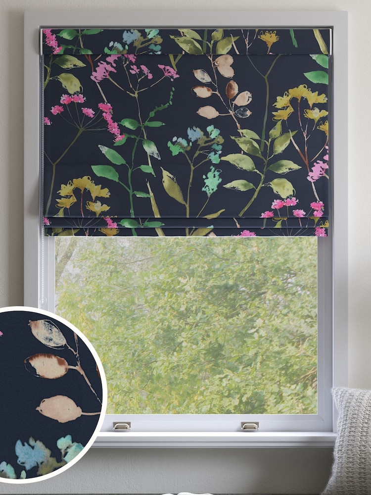 Navy Blue/Pink Isla Floral Made to Measure Faux Silk Roman Blind - Image 1 of 6
