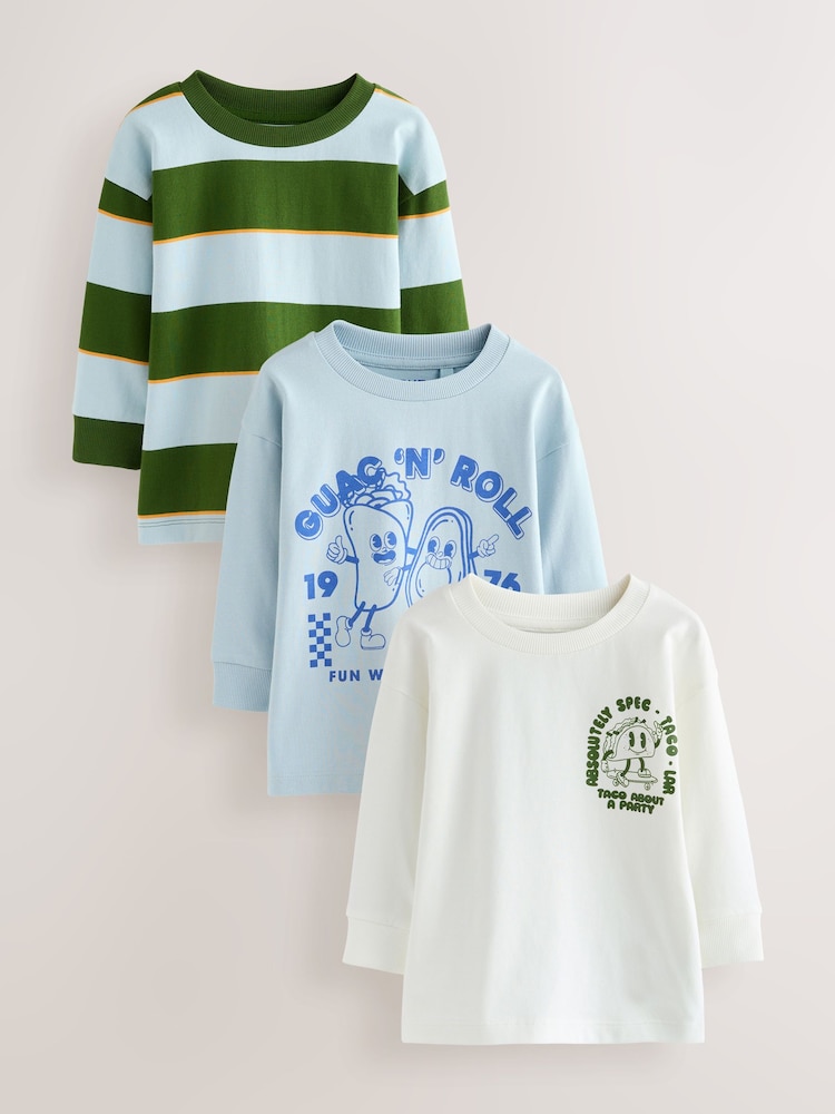 Blue/Green Taco Long Sleeve Graphic Print T-Shirts 3 Pack (3mths-7yrs) - Image 1 of 9