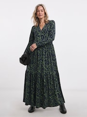JD Williams Green Print Supersoft Jersey Long Sleeve Notch Neck Midi Dress - Image 1 of 5