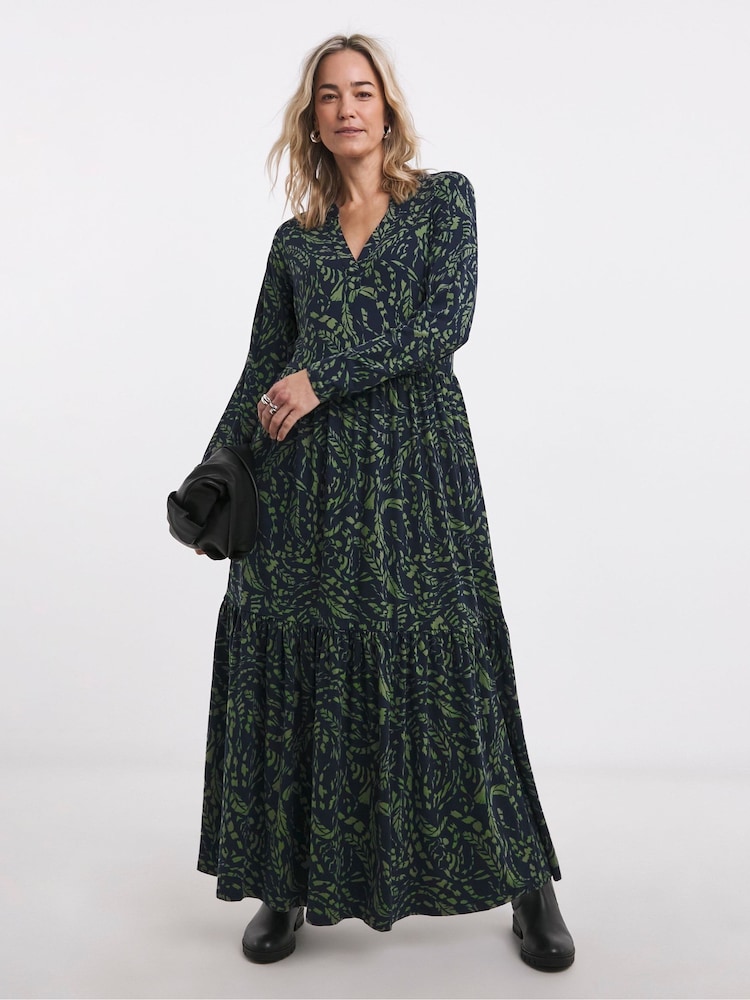 JD Williams Green Print Supersoft Jersey Long Sleeve Notch Neck Midi Dress - Image 1 of 5