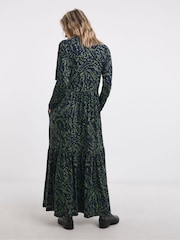 JD Williams Green Print Supersoft Jersey Long Sleeve Notch Neck Midi Dress - Image 2 of 5