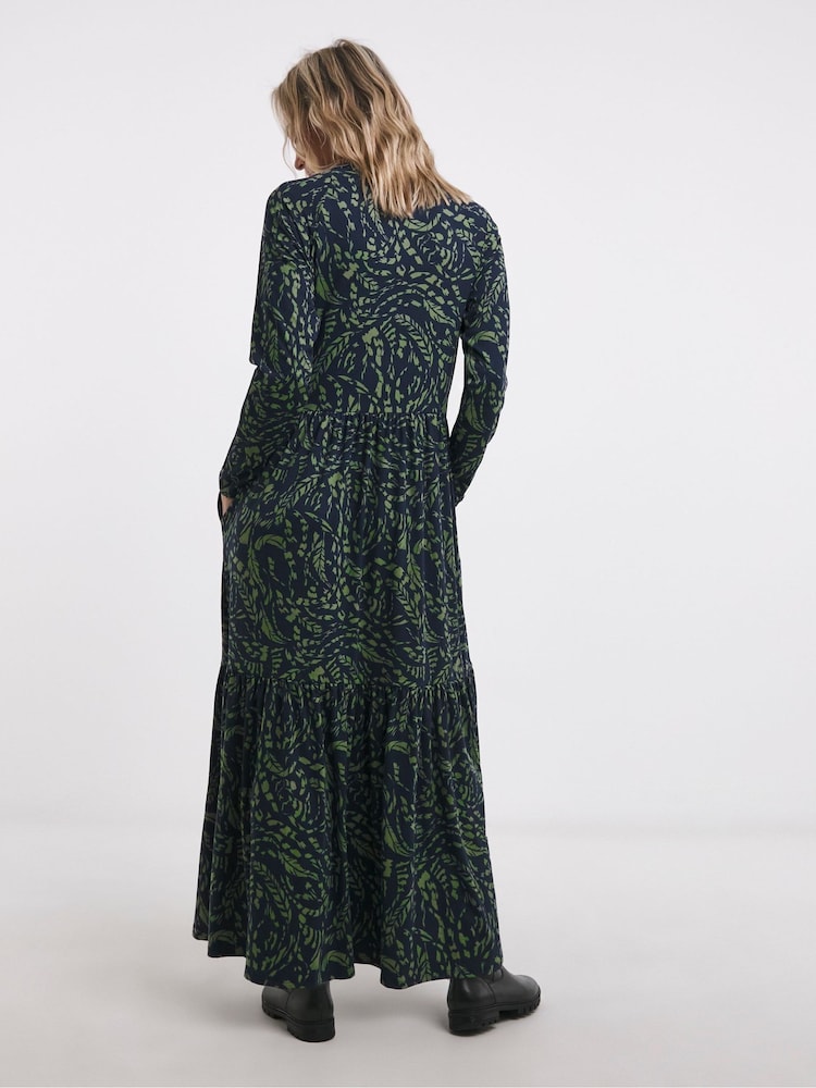 JD Williams Green Print Supersoft Jersey Long Sleeve Notch Neck Midi Dress - Image 2 of 5