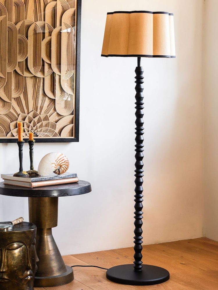 Rockett St George Black Wooden Spindle Floor Lamp with Scalloped Shade - Image 1 of 7