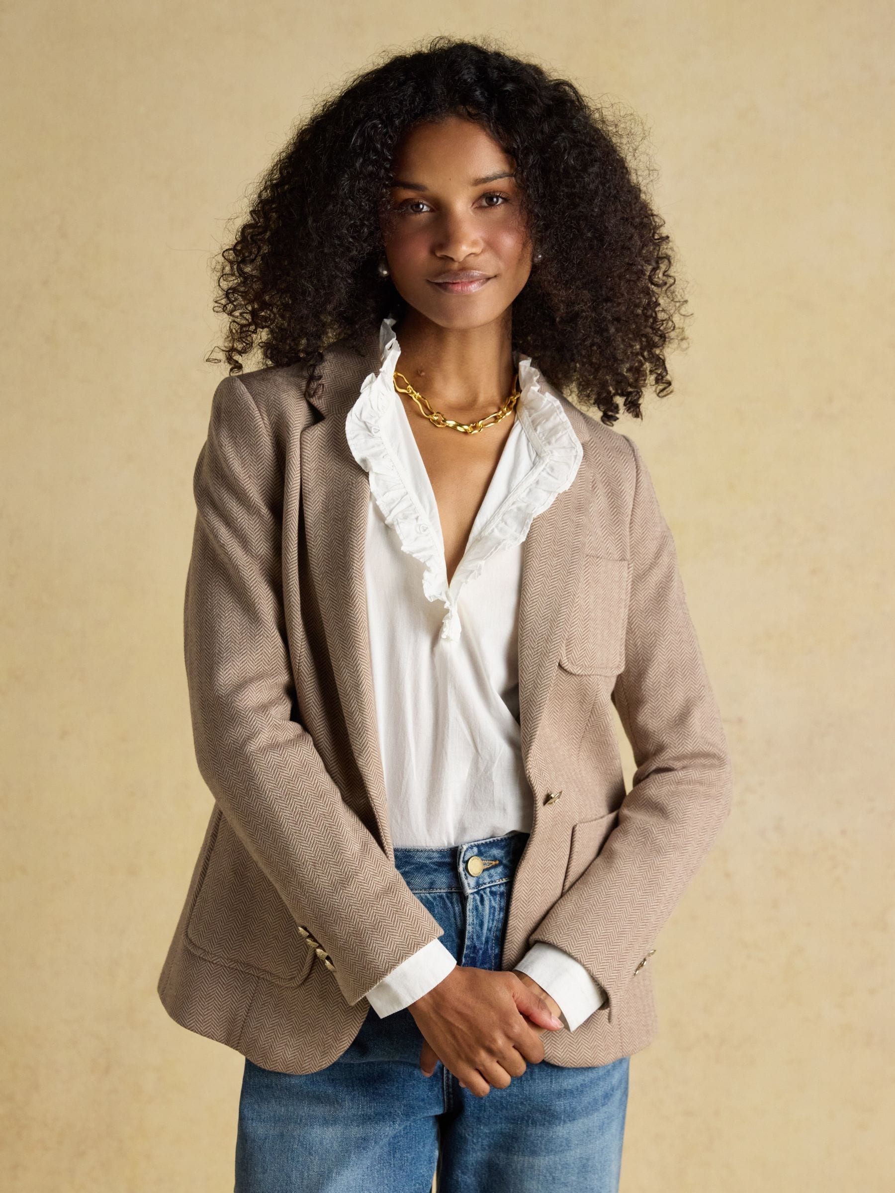 Buy Joules Albury Tan Brown Herringbone Jersey Tweed Blazer from