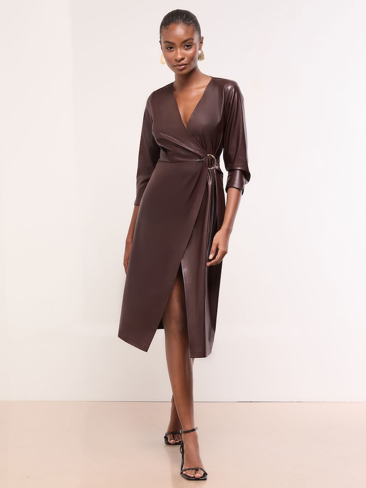 Lipsy Burgundy Red Faux Leather Wrap Midi Dress - Image 1 of 4 Lipsy Burgundy Red Faux Leather Wrap Midi Dress - Image 1 of 4