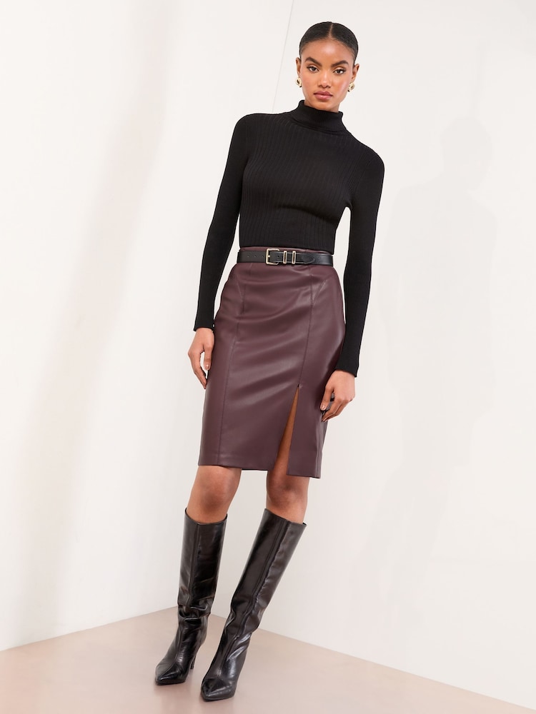 Lipsy Burgundy Red Faux Leather Side Split Midi Skirt - Image 1 of 4