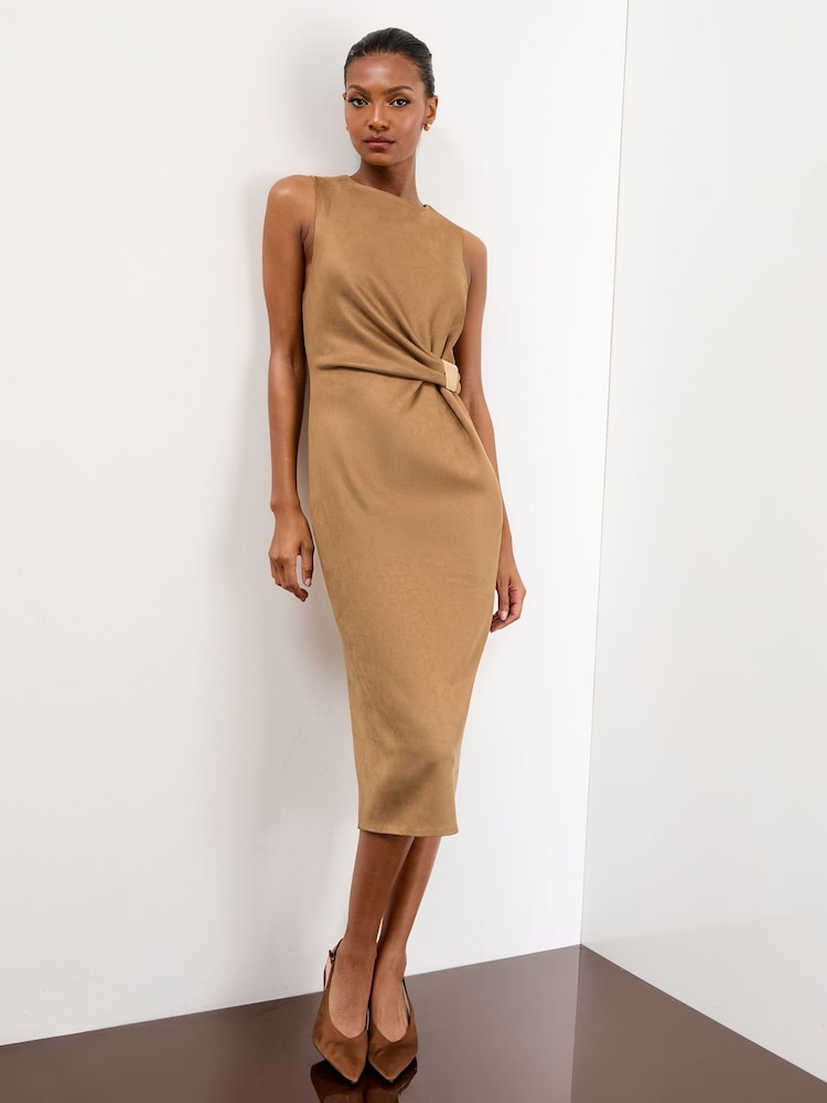 Lipsy Camel Faux Suede Sleeveless Drape Wrap Midi Dress - Image 1 of 4