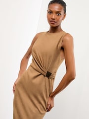 Lipsy Camel Faux Suede Sleeveless Drape Wrap Midi Dress - Image 2 of 4