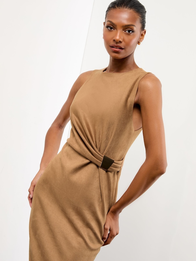 Lipsy Camel Faux Suede Sleeveless Drape Wrap Midi Dress - Image 2 of 4
