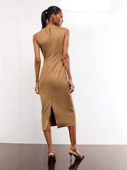Lipsy Camel Faux Suede Sleeveless Drape Wrap Midi Dress - Image 3 of 4