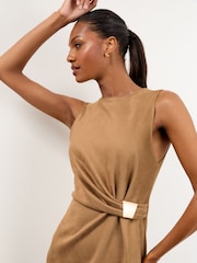 Lipsy Camel Faux Suede Sleeveless Drape Wrap Midi Dress - Image 4 of 4