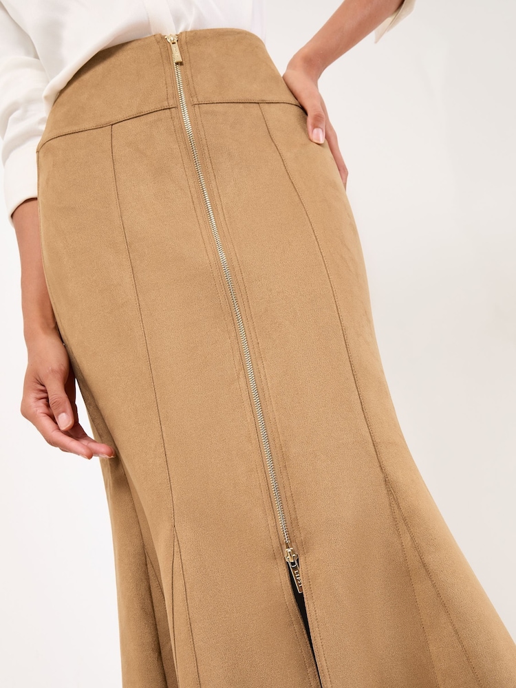 Lipsy Camel Faux Suede Fishtail Zip Front Midi Skirt - Image 2 of 4 Lipsy Camel Faux Suede Fishtail Zip Front Midi Skirt - Image 2 of 4
