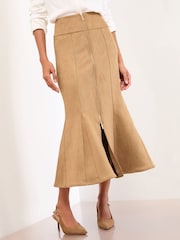 Lipsy Camel Faux Suede Fishtail Zip Front Midi Skirt - Image 3 of 4