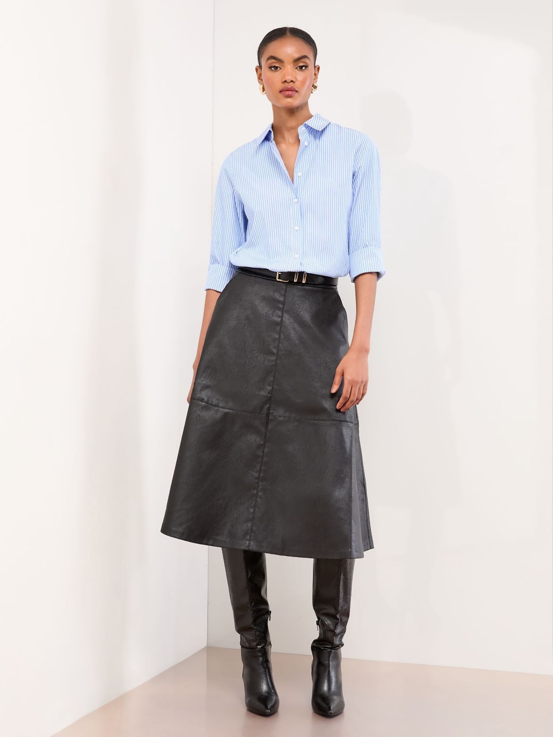 Buy Lipsy Black Faux Leather Textured Fit and Flared Midi Skirt