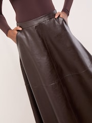 Lipsy Chocolate Brown Faux Leather Textured Fit and Flared Midi Skirt - Image 3 of 5
