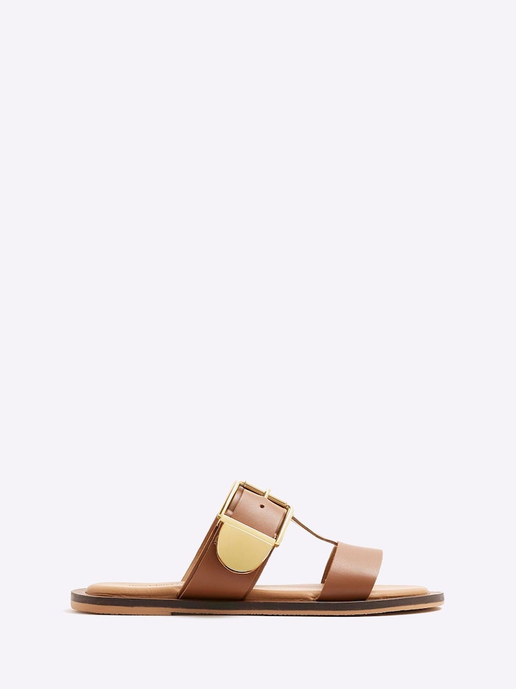 River Island Brown T-Bar Buckle Flat Sandals - Image 1 of 5 River Island Brown T-Bar Buckle Flat Sandals - Image 1 of 5