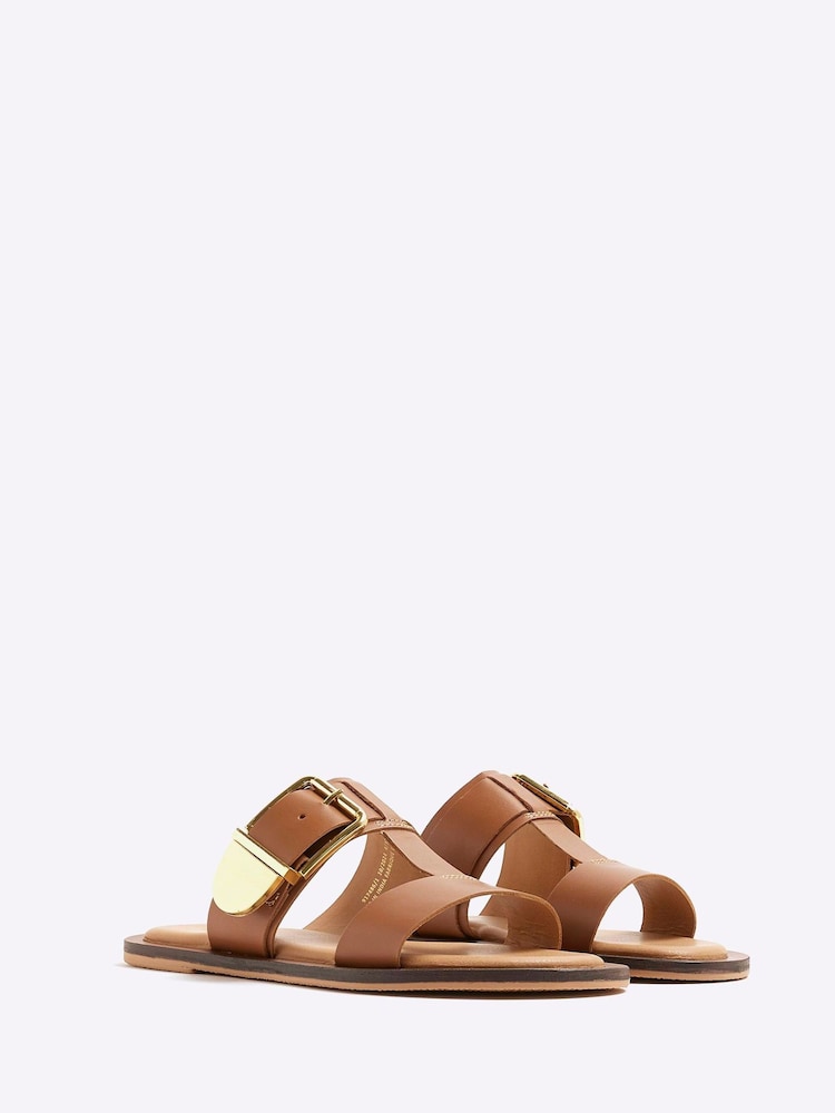 River Island Brown T-Bar Buckle Flat Sandals - Image 2 of 5 River Island Brown T-Bar Buckle Flat Sandals - Image 2 of 5