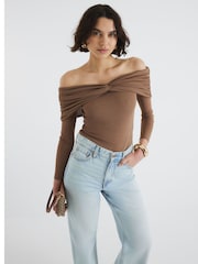 River Island Ruched Long Sleeve Bardot Top - Imagen 1 de 4