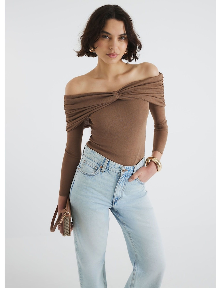 River Island Ruched Long Sleeve Bardot Top - Imagen 1 de 4