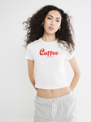 River Island Cream Coffee Slogan 100% Cotton T-Shirt and Trousers Pyjamas Set - Image 3 of 6