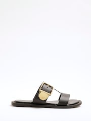 Black - River Island T-Bar Buckle Flat Sandals - Image 1 of 6