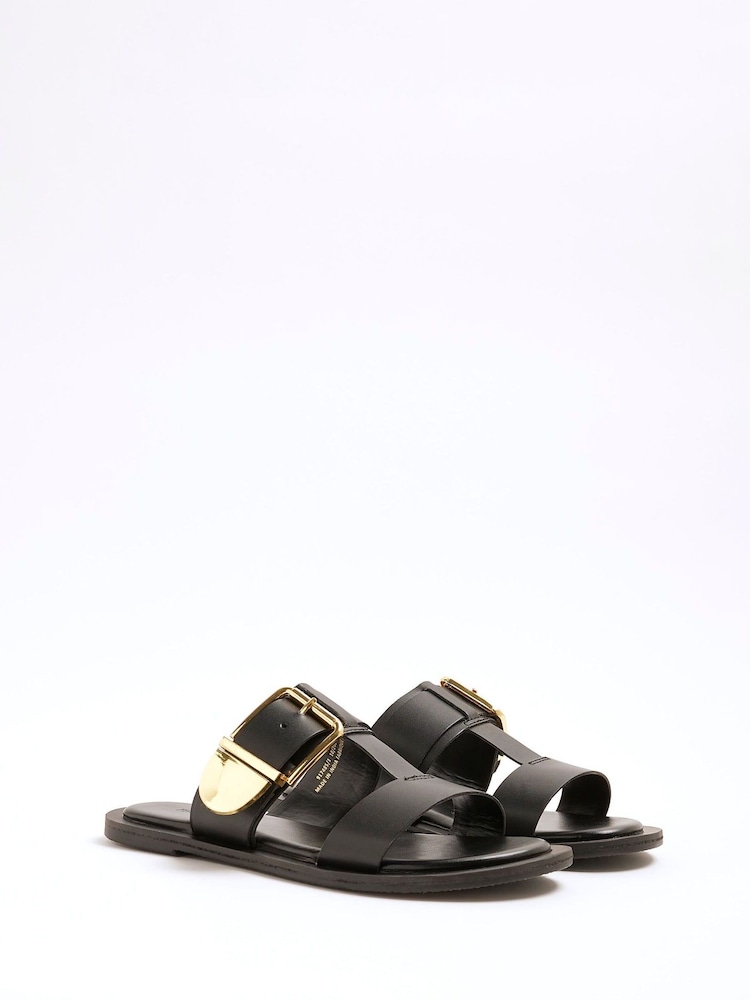 Black - River Island T-Bar Buckle Flat Sandals - Image 2 of 6