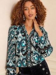 Love & Roses Blue Paisley Print Notch Neck Long Sleeve Blouse - Image 1 of 4
