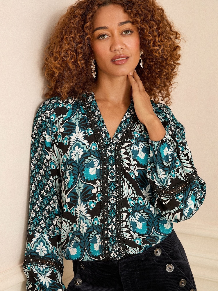 Love & Roses Blue Paisley Print Notch Neck Long Sleeve Blouse - Image 1 of 4