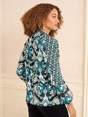 Love & Roses Blue Paisley Print Notch Neck Long Sleeve Blouse - Image 4 of 4