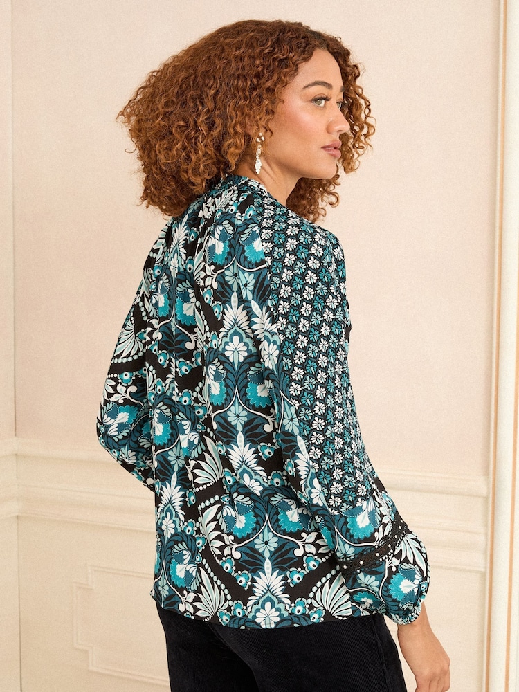 Love & Roses Blue Paisley Print Notch Neck Long Sleeve Blouse - Image 4 of 4