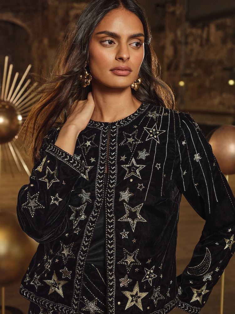 Love & Roses Black Gold RO Embroidered Velvet Jacket - Image 2 of 4