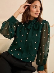 Love & Roses Forest Green Gold Embroidered Heart Long Sleeve Pussybow Blouse - Image 1 of 4