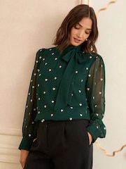 Love & Roses Forest Green Gold Embroidered Heart Long Sleeve Pussybow Blouse - Image 2 of 4