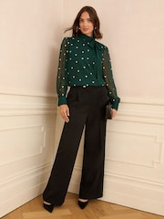 Love & Roses Forest Green Gold Embroidered Heart Long Sleeve Pussybow Blouse - Image 3 of 4