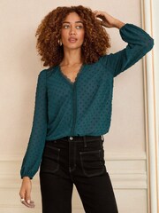 Love & Roses Teal Blue V-Neck Lace Long Sleeve Dobby Blouse - Image 1 of 4