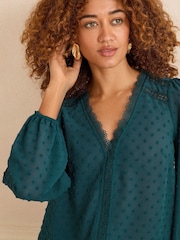 Love & Roses Teal Blue V-Neck Lace Long Sleeve Dobby Blouse - Image 2 of 4